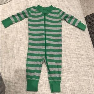 Hanna Andersson green/gray striped zip up pajamas.